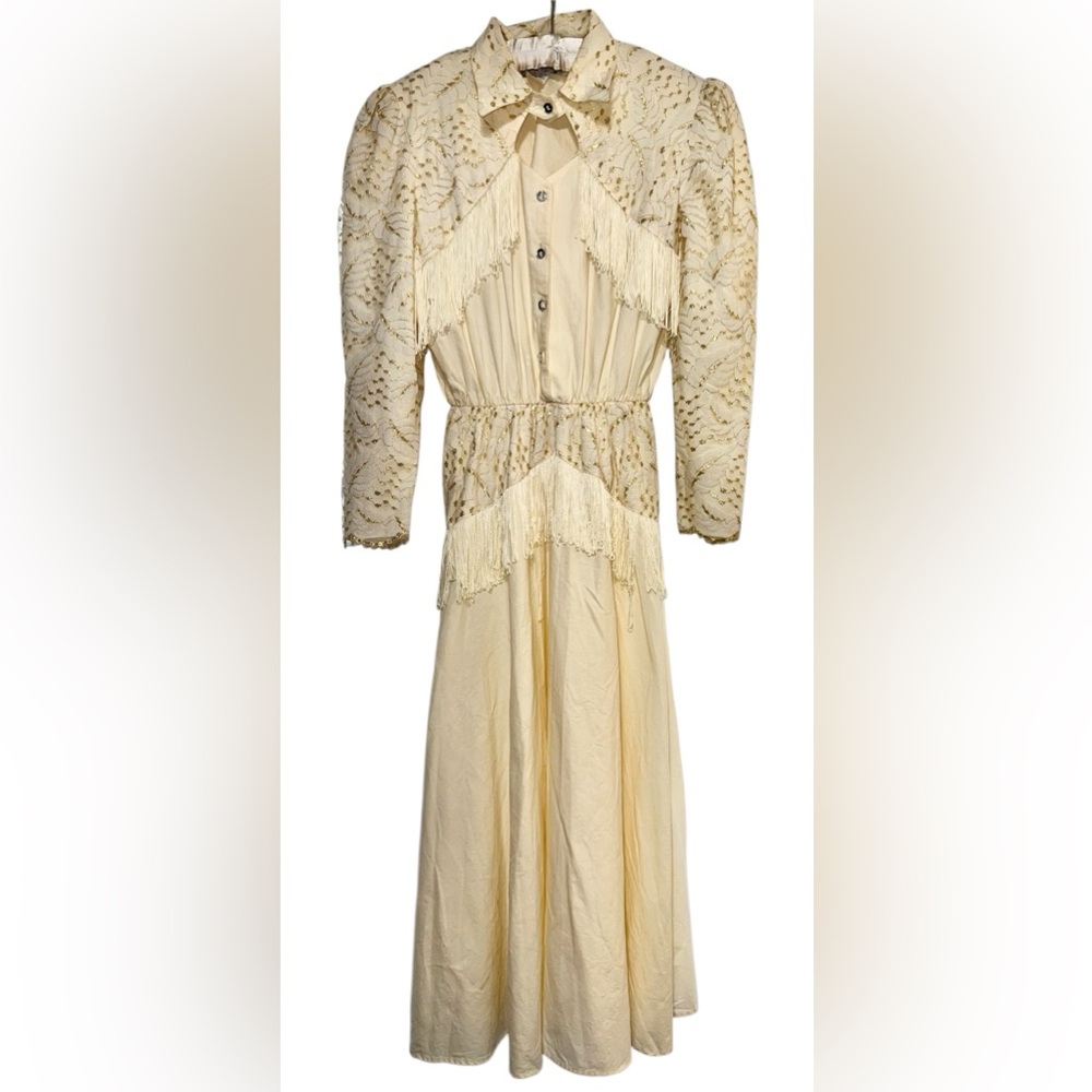 VTG 80s Lilia Smitty Fringe Dress Sz 13/14 Maxi Length Ivory Gold Lace Western